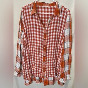Cato Women’s Plus Size Patchwork Design w/ Gingham and Plaid Button Down Top